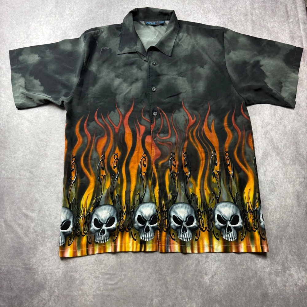 MT2 Mens XXL Skull Flame Graphic Button Down Shirt Short Sleeve Black Orange